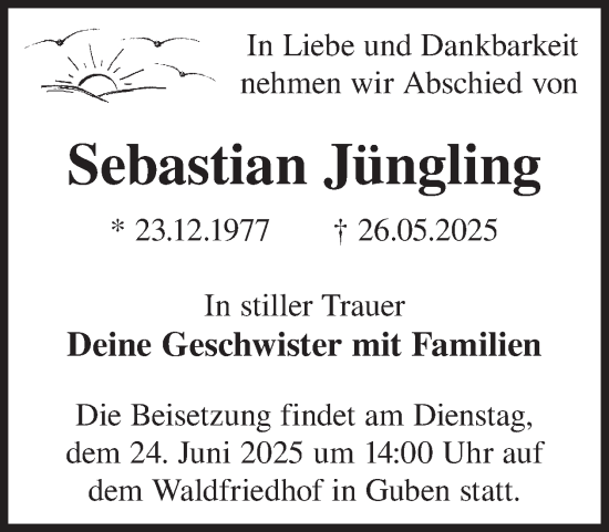 Traueranzeige von Sebastian Jüngling von WochenKurier