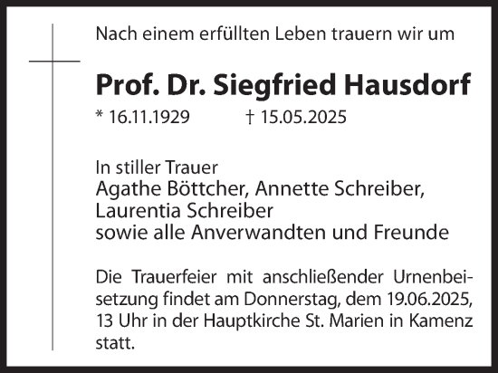 Traueranzeige von Siegfried Hausdorf von WochenKurier