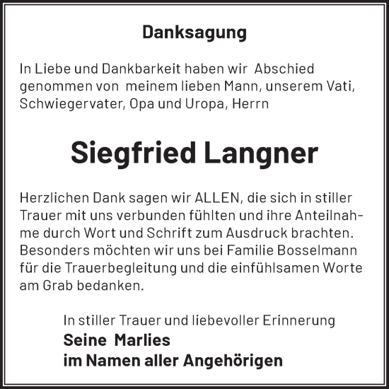 Traueranzeige von Siegfried Langner von WochenKurier
