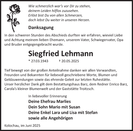 Traueranzeige von Siegfried Lehmann von WochenKurier