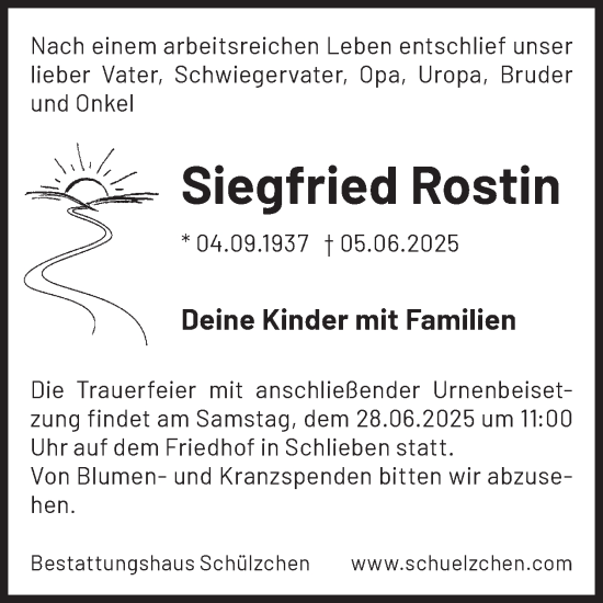 Traueranzeige von Siegfried Rostin von WochenKurier