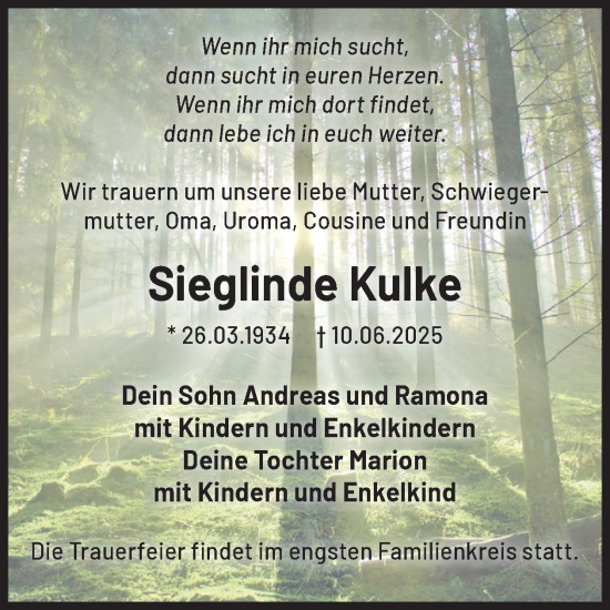 Traueranzeige von Sieglinde Kulke von WochenKurier