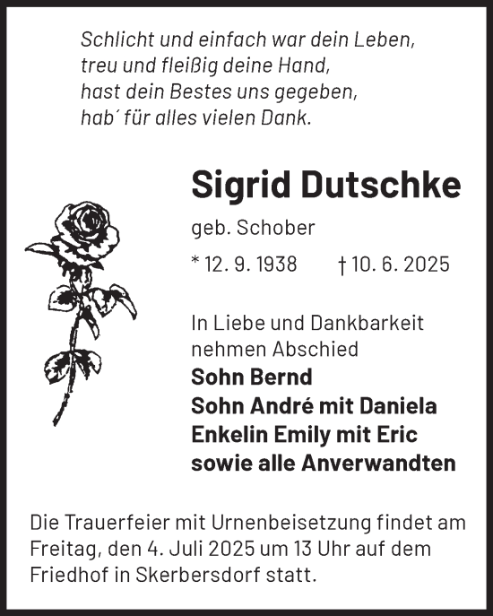 Traueranzeige von Sigrid Dutschke von WochenKurier