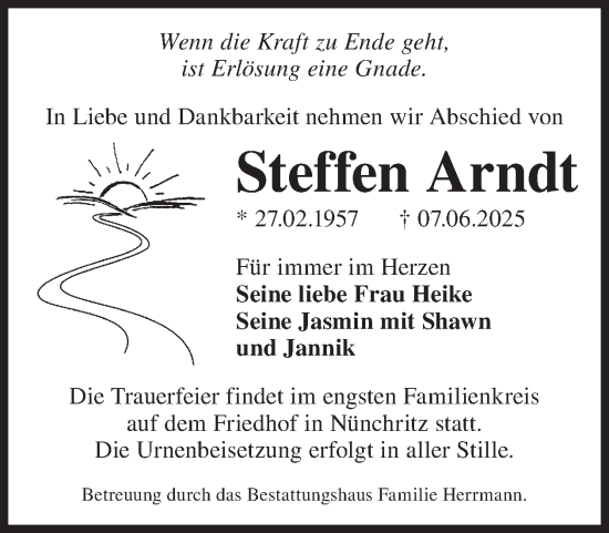 Traueranzeige von Steffen Arndt von WochenKurier