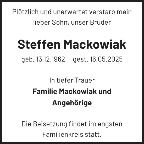 Traueranzeige von Steffen Mackowiak von WochenKurier