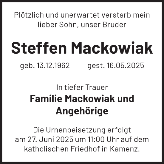 Traueranzeige von Steffen Mackowiak von WochenKurier
