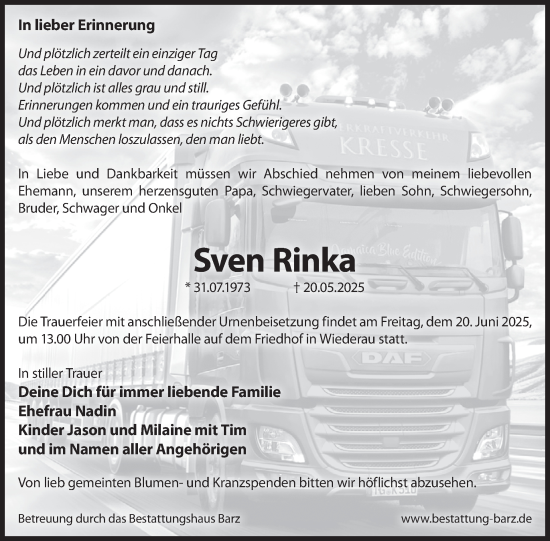 Traueranzeige von Sven Rinka von WochenKurier