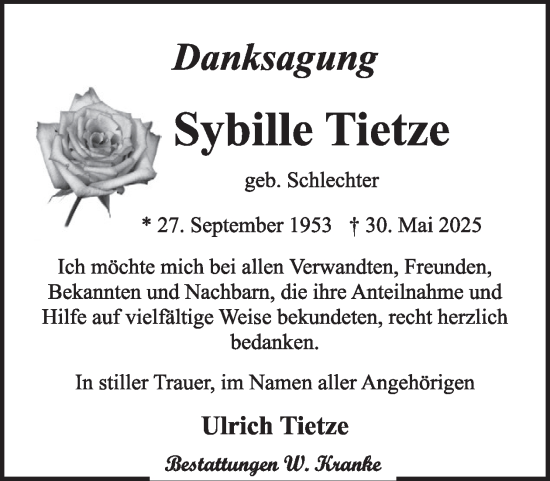 Traueranzeige von Sybille Tietze von WochenKurier
