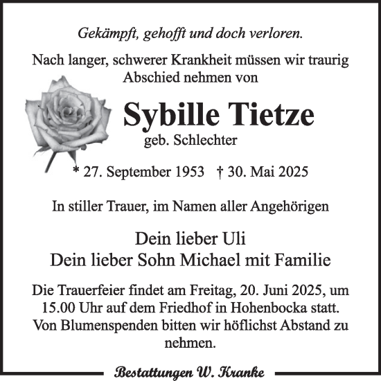 Traueranzeige von Sybille Tietze von WochenKurier