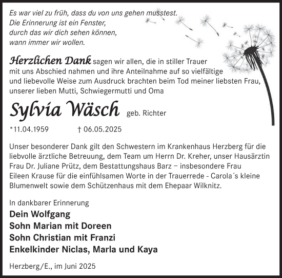 Traueranzeige von Sylvia Wäsch von WochenKurier