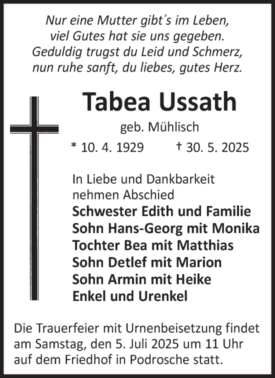 Traueranzeige von Tabea Ussath von WochenKurier