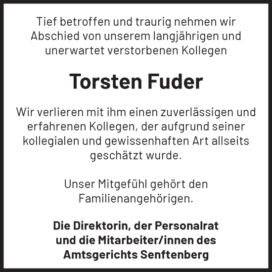 Traueranzeige von Torsten Fuder von WochenKurier