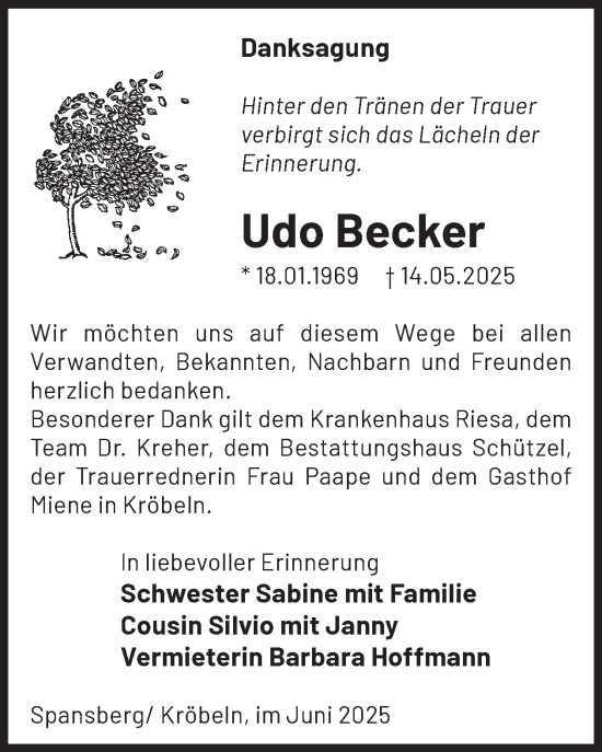Traueranzeige von Udo Becker von WochenKurier