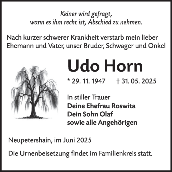 Traueranzeige von Udo Horn von WochenKurier