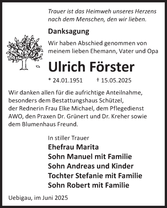 Traueranzeige von Ulrich Förster von WochenKurier