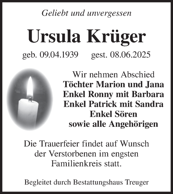 Traueranzeige von Ursula Krüger von WochenKurier
