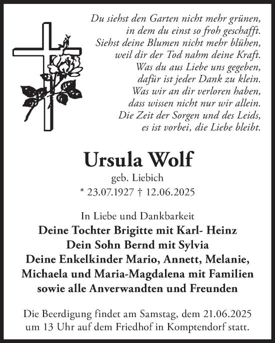 Traueranzeige von Ursula Wolf von WochenKurier