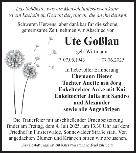 Traueranzeige von Ute Goßlau von WochenKurier