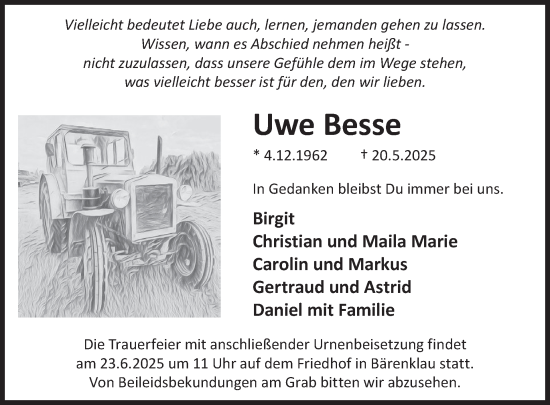 Traueranzeige von Uwe Besse von WochenKurier