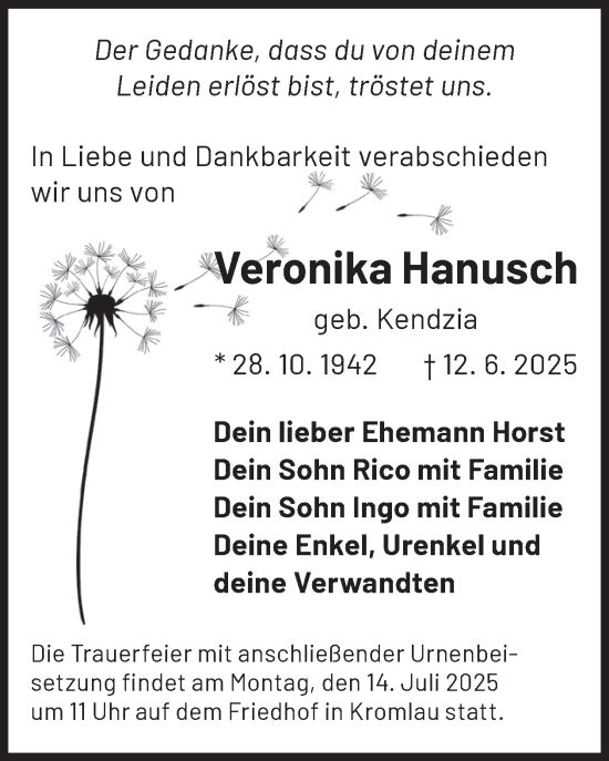 Traueranzeige von Veronika Hanusch von WochenKurier