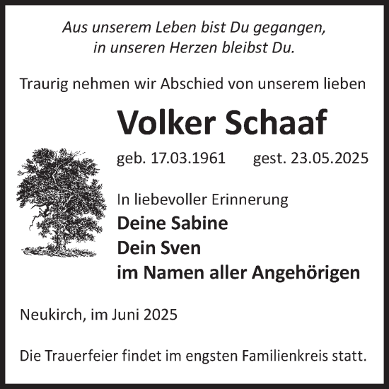 Traueranzeige von Volker Schaaf von WochenKurier