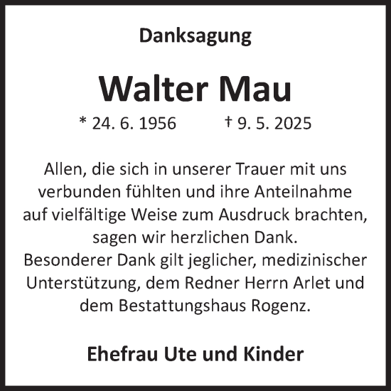 Traueranzeige von Walter Mau von WochenKurier