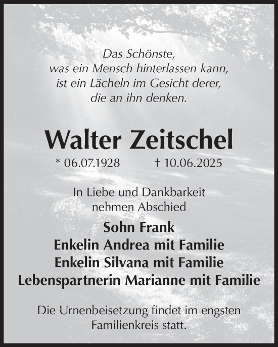 Traueranzeige von Walter Zeitschel von WochenKurier