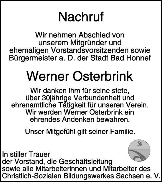 Traueranzeige von Werner Osterbrink von WochenKurier