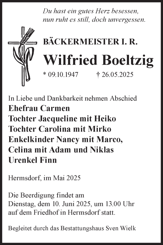 Traueranzeige von Wilfried Boeltzig von WochenKurier