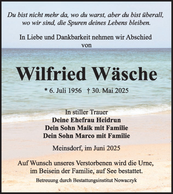 Traueranzeige von Wilfried Wäsche von WochenKurier