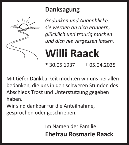 Traueranzeige von Willi Raack von WochenKurier