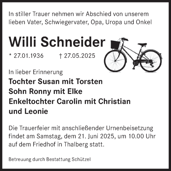 Traueranzeige von Willi Schneider von WochenKurier