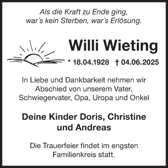 Traueranzeige von Willi Wieting von WochenKurier