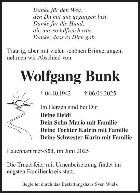 Traueranzeige von Wolfgang Bunk von WochenKurier