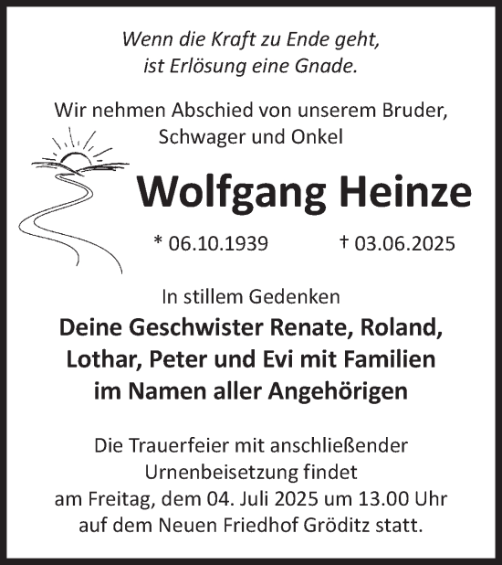 Traueranzeige von Wolfgang Heinze von WochenKurier