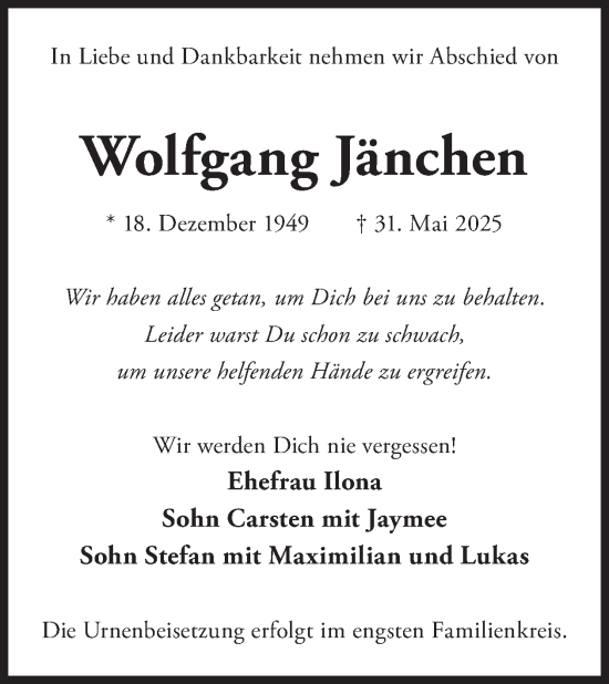 Traueranzeige von Wolfgang Jänchen von WochenKurier
