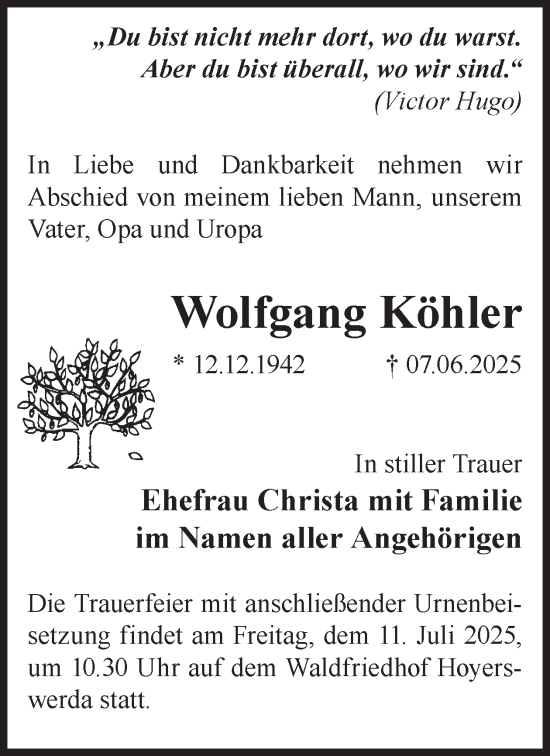 Traueranzeige von Wolfgang Köhler von WochenKurier