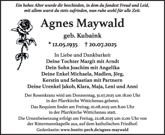 Traueranzeige von Agnes Maywald von WochenKurier