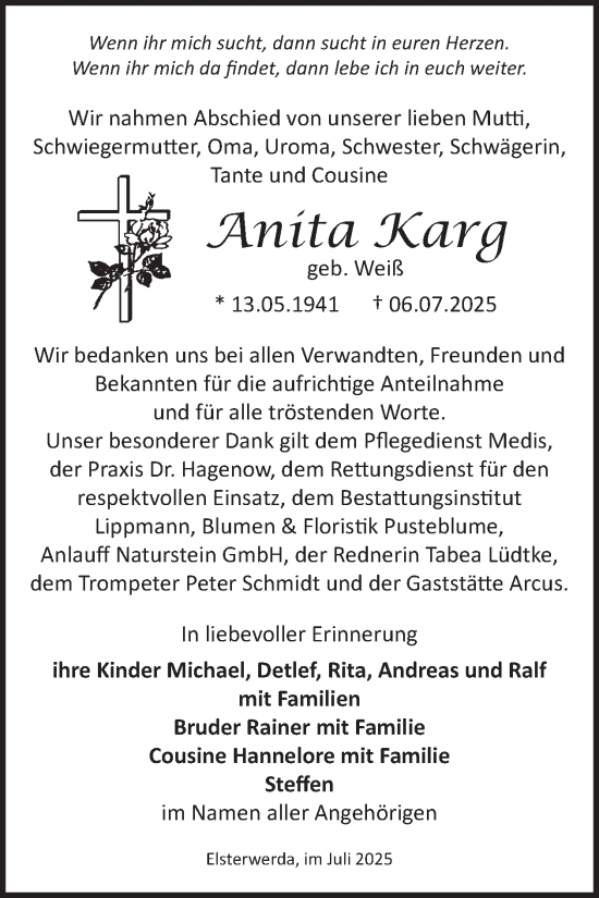 Traueranzeige von Anita Karg von WochenKurier