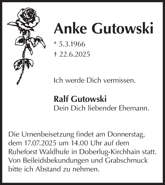 Traueranzeige von Anke Gutowski von WochenKurier