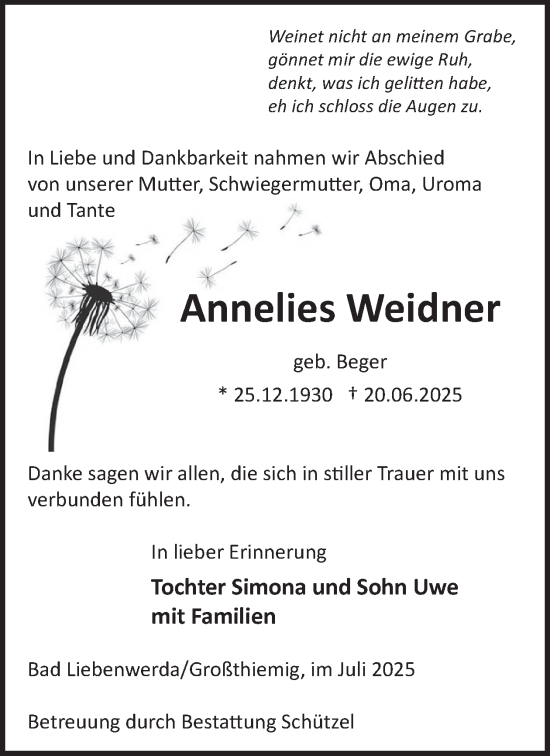Traueranzeige von Annelies Weidner von WochenKurier