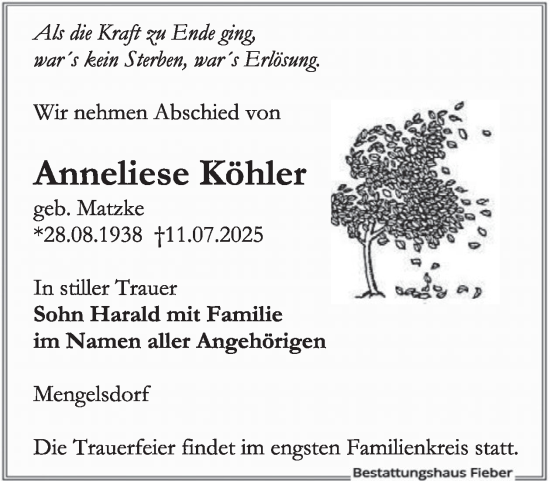 Traueranzeige von Anneliese Köhler von WochenKurier