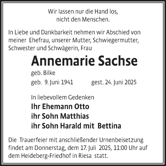 Traueranzeige von Annemarie Sachse von WochenKurier