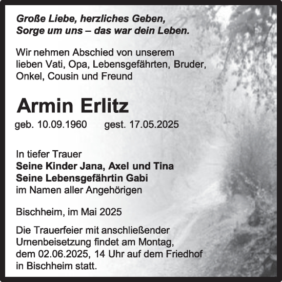 Traueranzeige von Armin Erlitz von WochenKurier