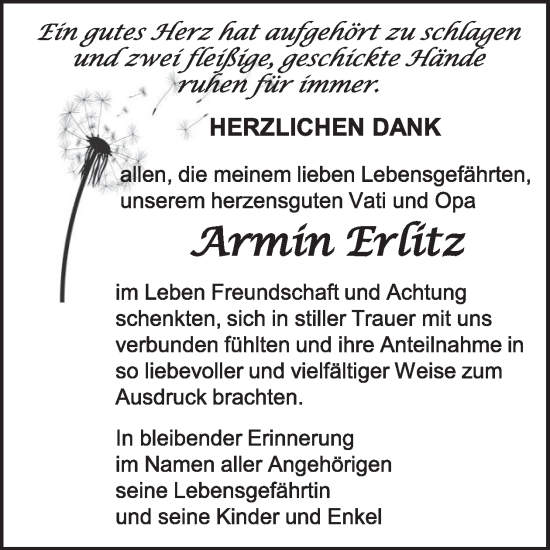 Traueranzeige von Armin Erlitz von WochenKurier