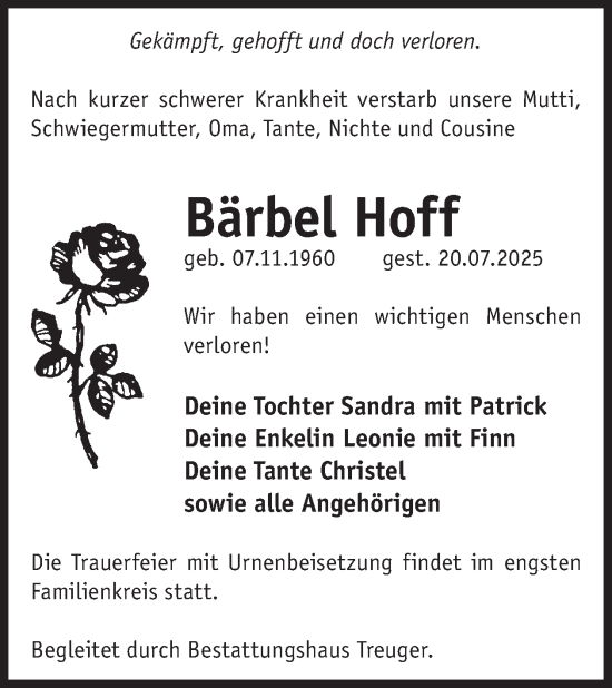 Traueranzeige von Bärbel Hoff von WochenKurier