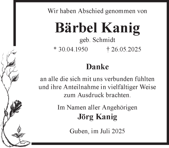 Traueranzeige von Bärbel Kanig von WochenKurier