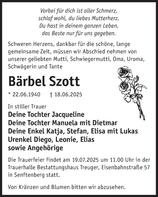 Traueranzeige von Bärbel Szott von WochenKurier