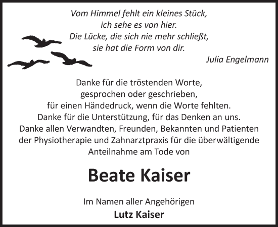 Traueranzeige von Beate Kaiser von WochenKurier