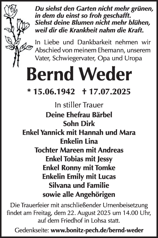 Traueranzeige von Bernd Weder von WochenKurier